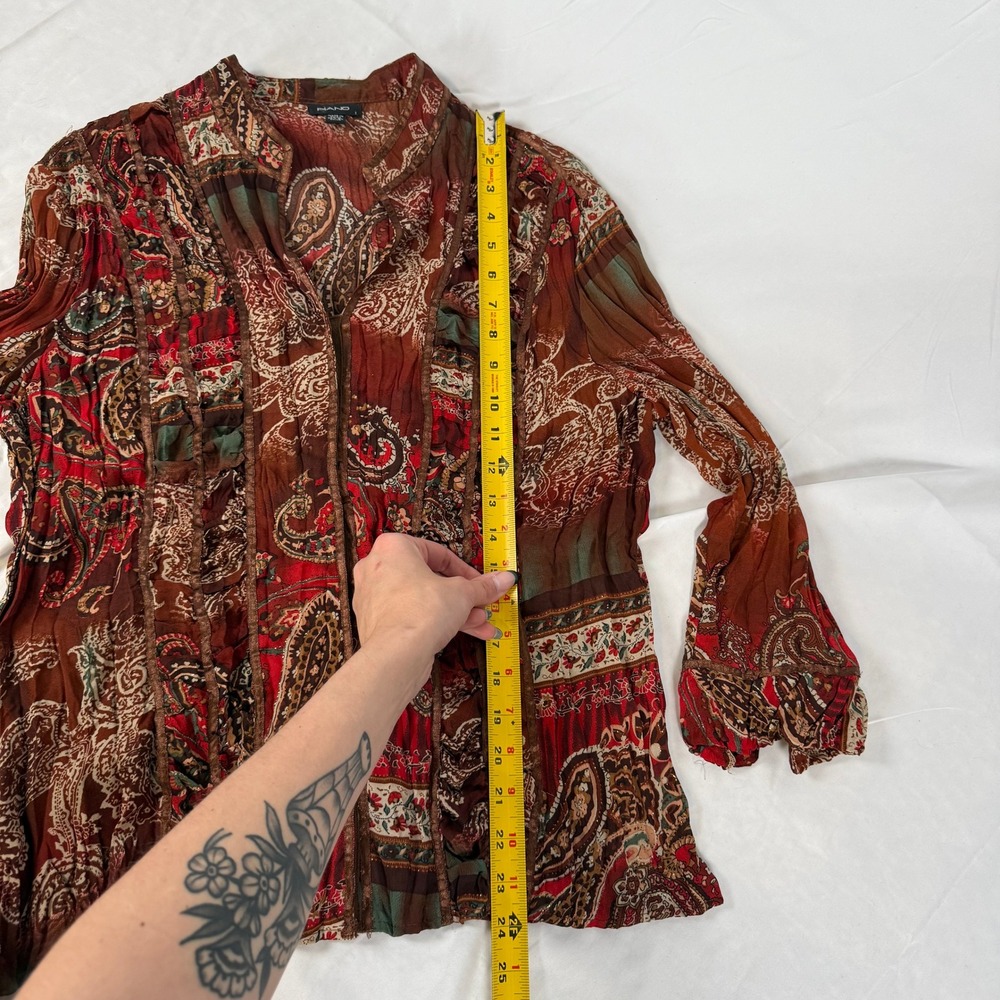 Piano Womens Large Paisley Print Crinkle Blouse Rust Red Boho Ribbon Trim Top - Picture 8 of 9